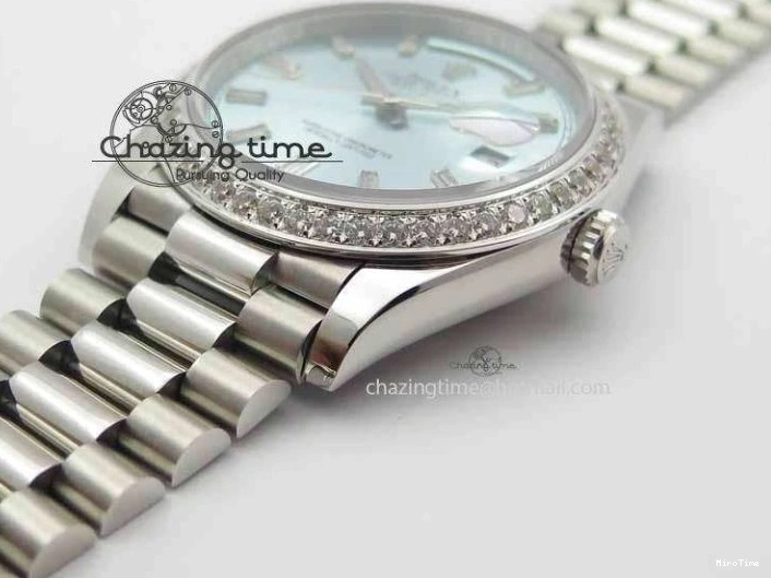 MiroTime 1218 Stylish Day Date 40mm SS BP Maker Best Edition Diamond Bezel Ice Blue Dial On SS Bracelet ETA 3699